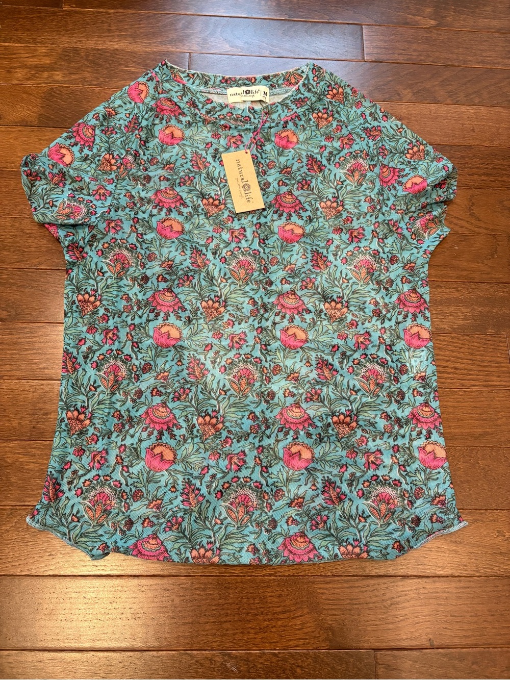 Natural Life Mesh Top Floral Print Teal Pink Short Sleeve NWT Medium Fits Small